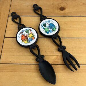 Cast Iron Decorative Spoon & Fork w/ Ceramic Tiles Vintage Kitchen Wall Hanging